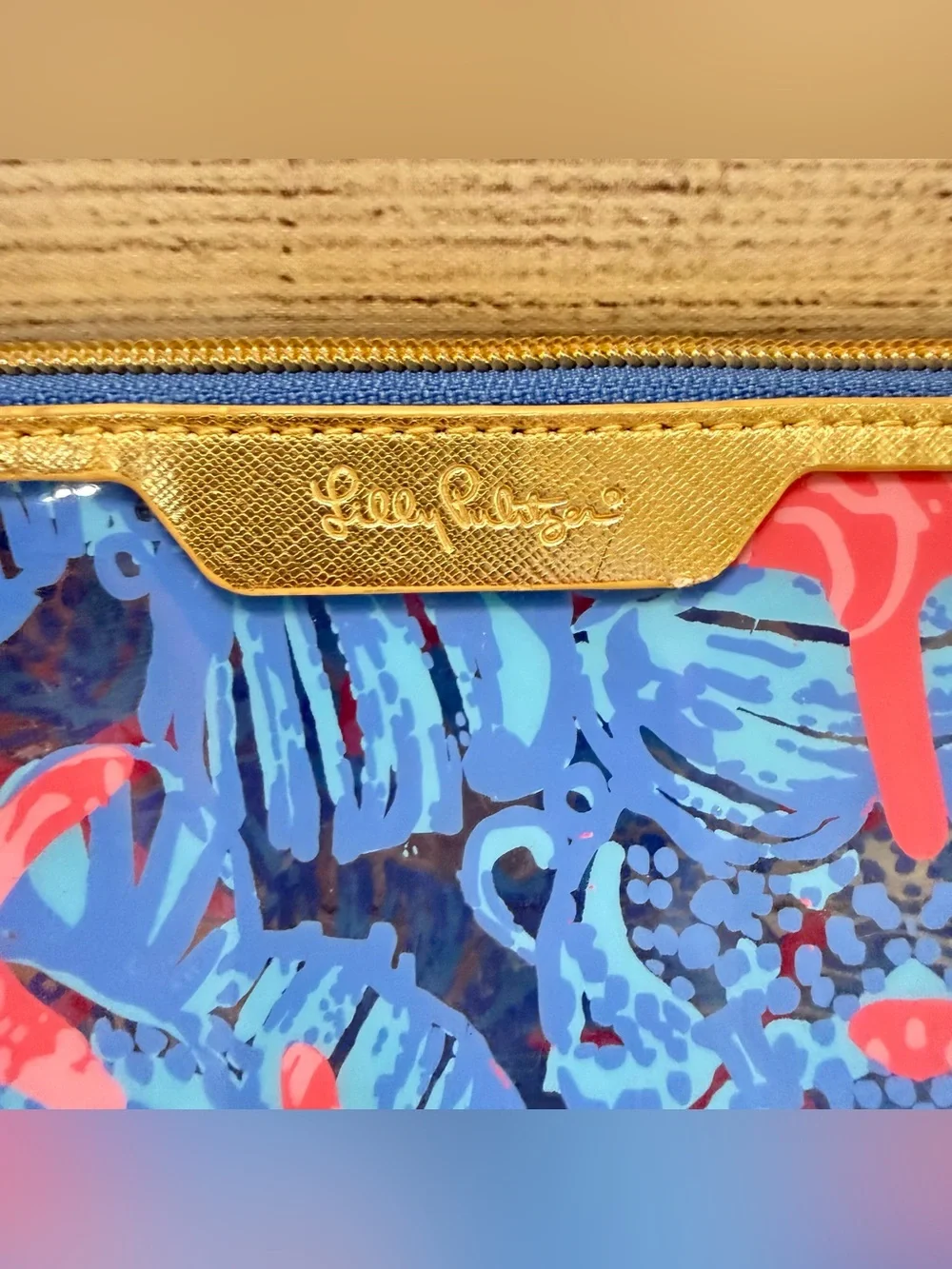 Lilly Pulitzer Blue Starfish Pattern Cosmetic Pouch with Coral Accents